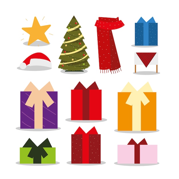 Merry Christmas-pictogrammen instellen boom sjaal geschenken ster decoratie illustratie