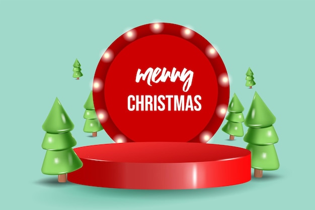 Vector merry christmas podium with xmas tree for product display. 3d vector