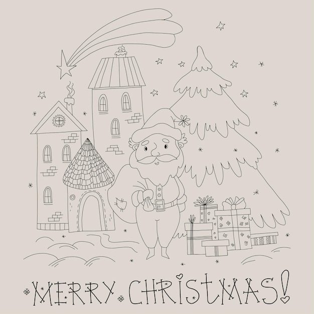 메리 크리스마스 엽서 산타클로스, 선물, 집, 베들레헴의 별 선형 그리기 개요