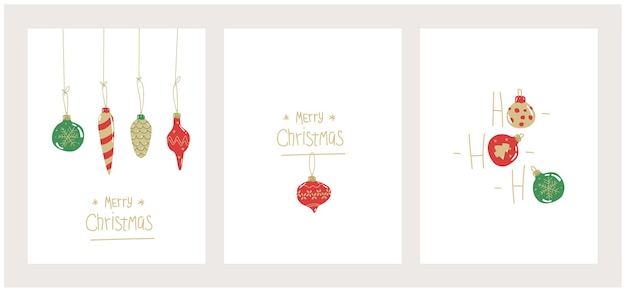 Merry christmas postcard set xmas poster with baubles new year greetings card in doodle style