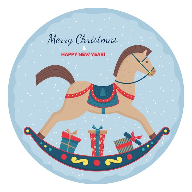 Merry Christmas Postcard Toy horse with the colorful gifts Vector illustration