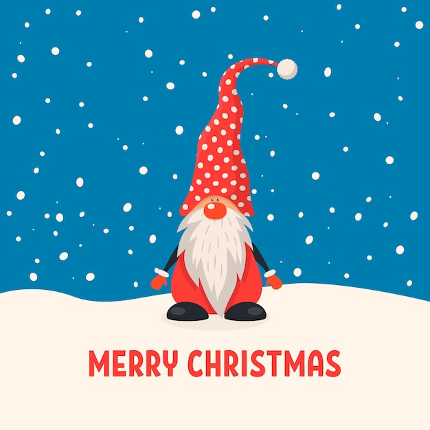 메리 크리스마스 엽서 벡터 메리 크리스마스와 새해 복 많이 받으세요 카드 만화 어린이 캐릭터 재미있는 그놈을 위한 플랫 스타일 디자인 템플릿의 모자가 있는 크리스마스 귀여운 그놈