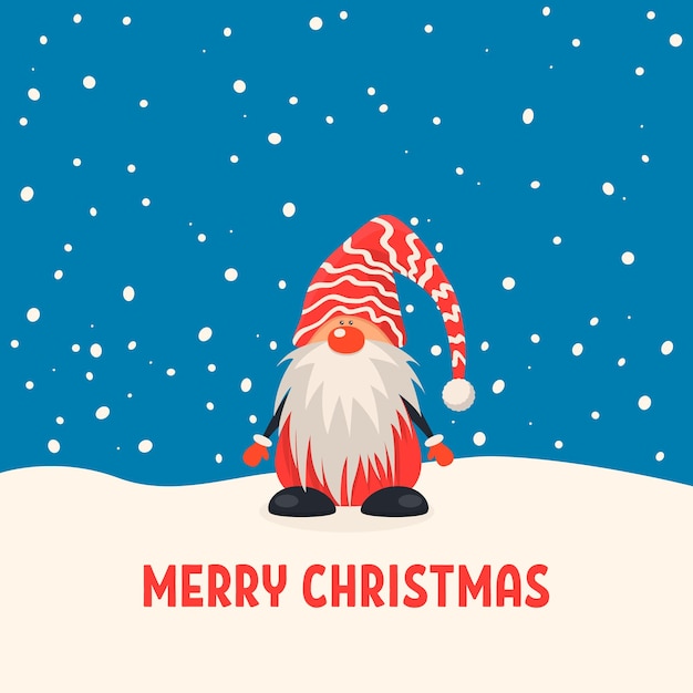 Merry Christmas Postcard Vector Christmas Cute Gnome with Caps in Flat Style Design Template for Merry Christmas and Happy New Year Card Cartoon Kids Character Funny Gnome
