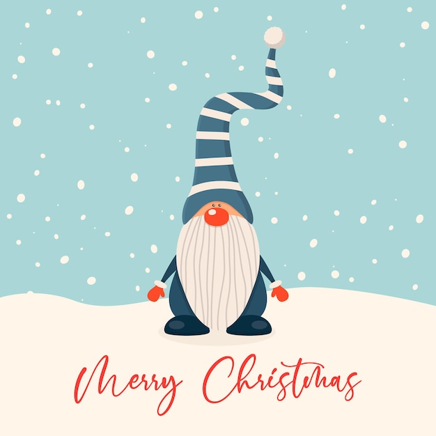 Merry Christmas Postcard Vector Christmas Cute Gnome with Caps in Flat Style Design Template for Merry Christmas and Happy New Year Card Cartoon Kids Character Funny Gnome