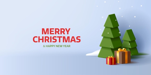 벡터 3d 스타일화된 cristmas 트리와 눈이 있는 선물 상자가 있는 메리 크리스마스 엽서는 만화 구성을 렌더링합니다.