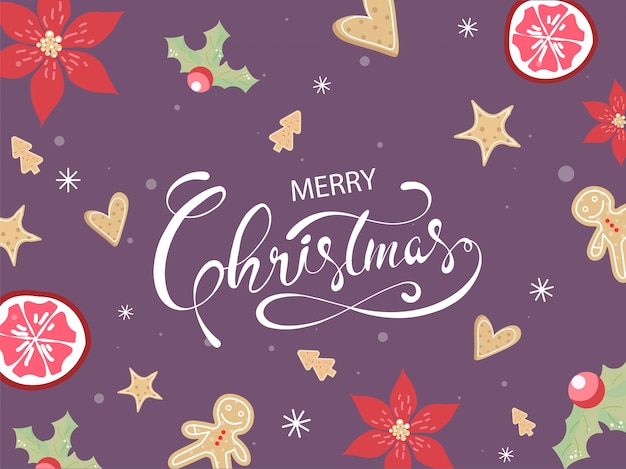 Merry christmas poster design with flower, holly berries, passion fruit, star fruits, gingerbread, xmas tree, hearts cookies on purple background.