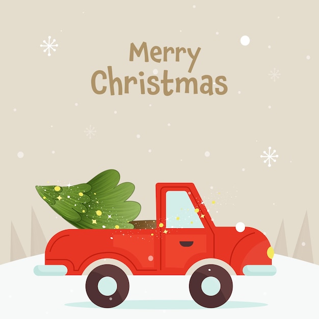 Merry christmas poster design with xmas tree on jeep and beige snow background.