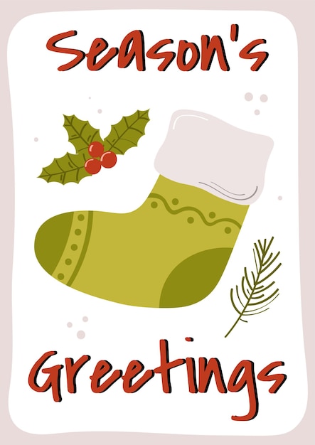 Merry Christmas poster met een inscriptie en sok op een witte achtergrond. Vector illustratie.