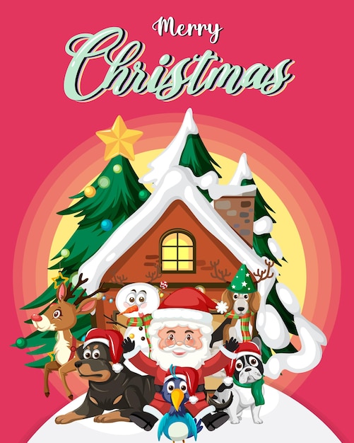 벡터 산타 클로스와 친구와 함께 메리 크리스마스 포스터 템플릿