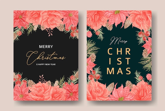 Modello di poster di buon natale con sfondo di fiori ad acquerello