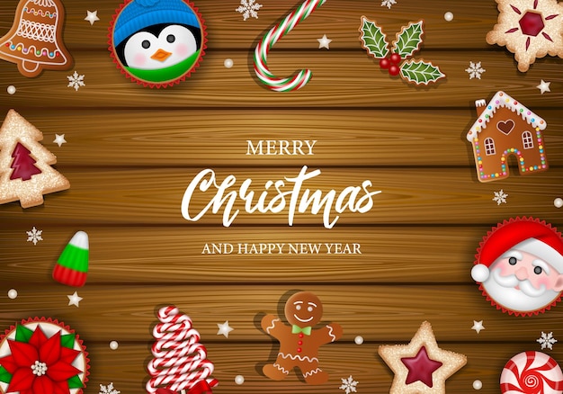 Merry christmas poster with cookies candies and cakes on wooden background