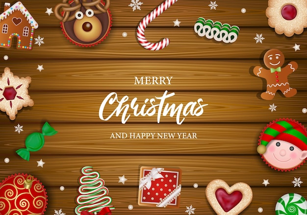 Merry christmas poster with cookies candies and cakes on wooden background