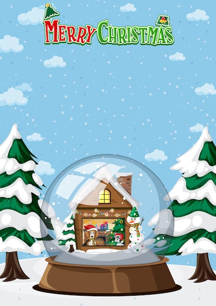 Merry Christmas poster with a house in snowdome