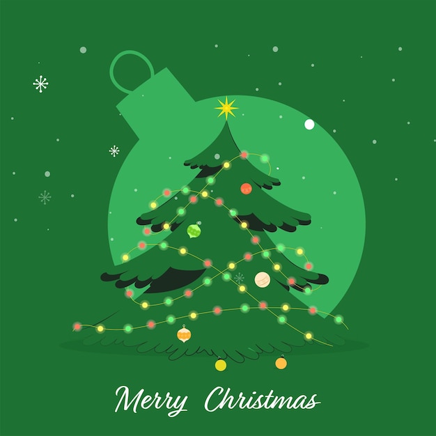 Merry christmas-posterontwerp met decoratieve kerstboom op groene snuisterijachtergrond