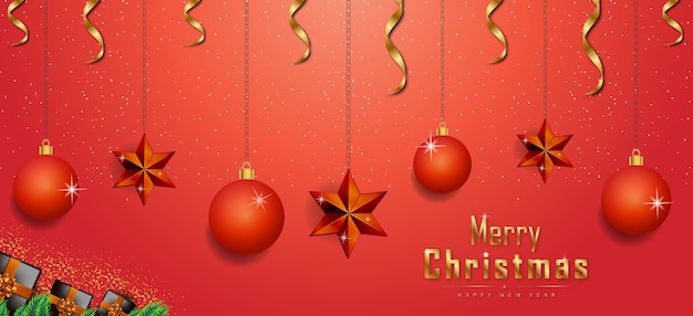 Merry Christmas Red background banner with Golden realistic decoration elements Premium Vector