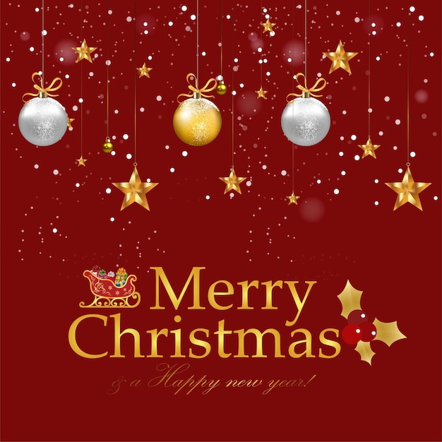 Merry Christmas Red Background With Hanging Balls Stars And Snowflakes