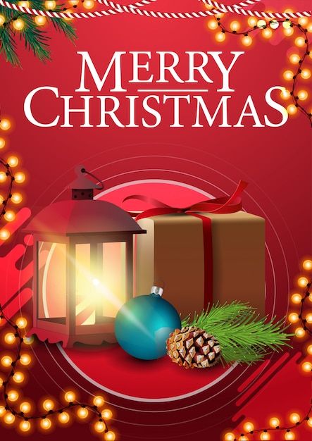 Счастливого Рождества, красный вертикальный поздравительный плакат с рамкой гирлянды