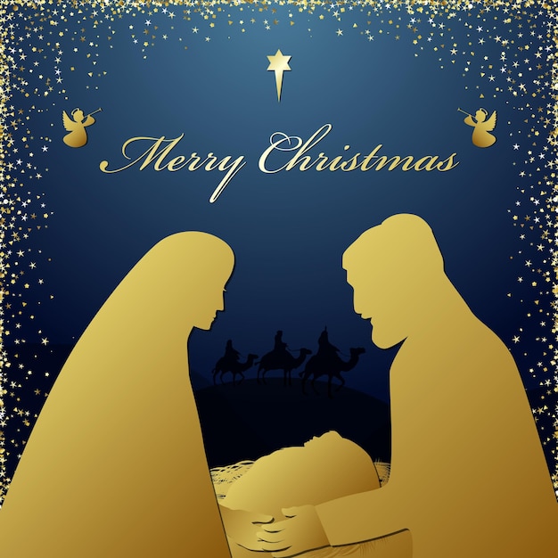 메리 크리스마스 종교 인사. 하나님의 아들은 실루엣 영적 성경 삽화로 태어났습니다