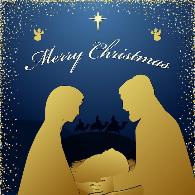 Счастливого рождества религиозные поздравления. сын божий родился духовной библейской истории, векторное изображение.