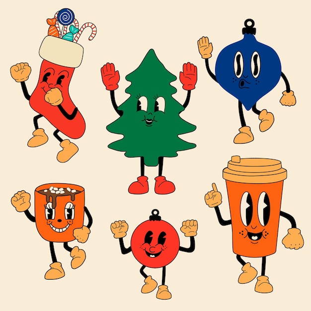 Merry Christmas retro collection cartoon mascot characters.