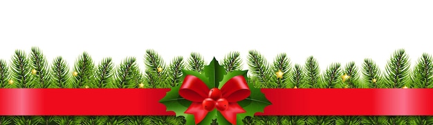 Vettore merry christmas ribbon con holly berry con illustrazione vettoriale a rete gradiente