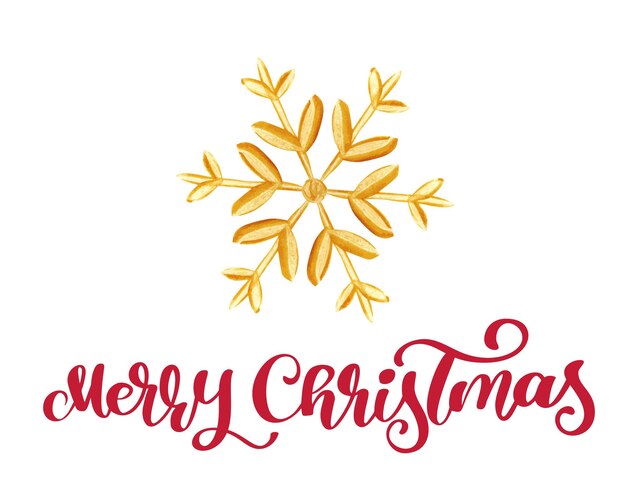 Merry Christmas rode kalligrafie belettering tekst en gouden sneeuwvlok. Vector illustratie.