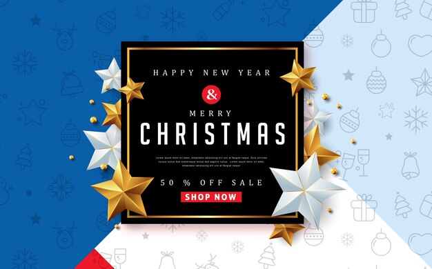 Merry christmas sale banner met zilveren en gouden ster.