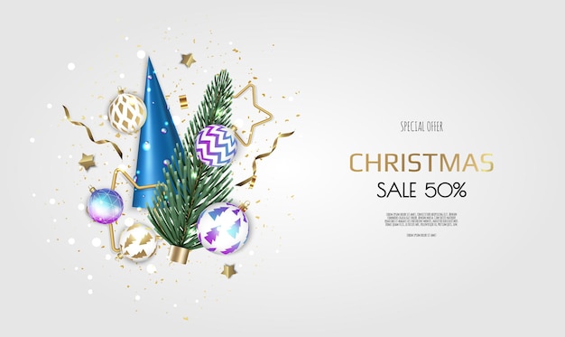 Merry Christmas sale banner template. Greeting card, banner, poster, header for website.