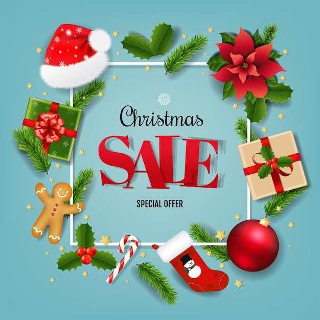 Merry Christmas Sale Banner With Xmas Toys With Gradient Mesh, Vector Illustration