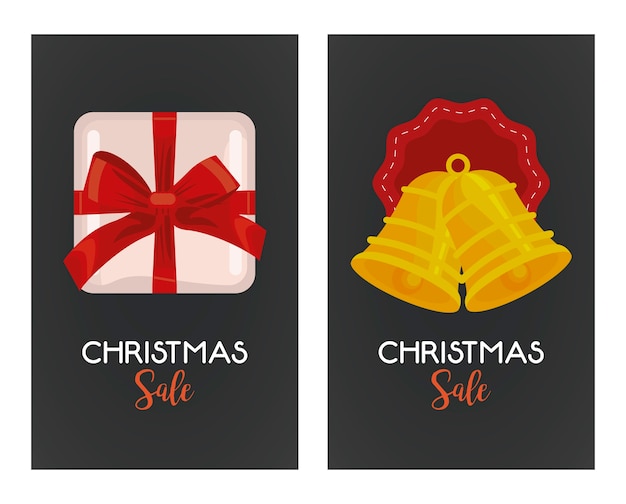 merry christmas sale lettering with bells hanging and gift  illustration 