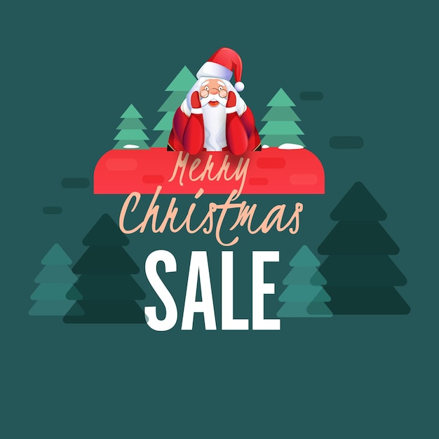 Vector merry christmas sale poster design met cute santa claus character op teal green xmas tree achtergrond