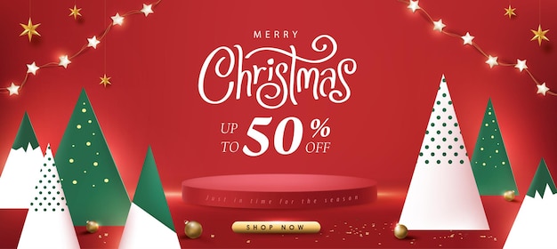 Merry christmas sale promotie poster banner met productdisplay cilindrische vorm en kerstboom papier gesneden stijl