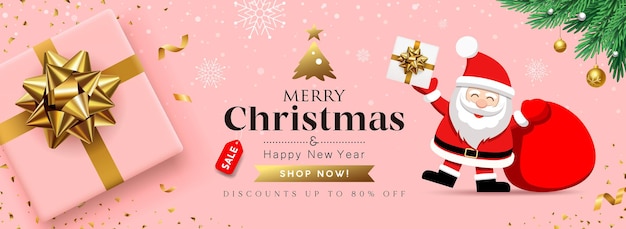 Merry christmas sale santa claus met roze geschenkdoos banner conceptontwerp op sneeuwvlok vector