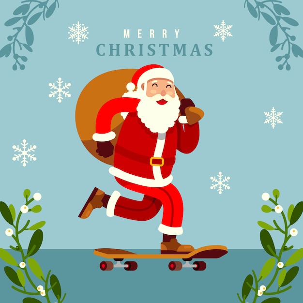 Vector merry christmas santa claus riding skateboard vector illustration