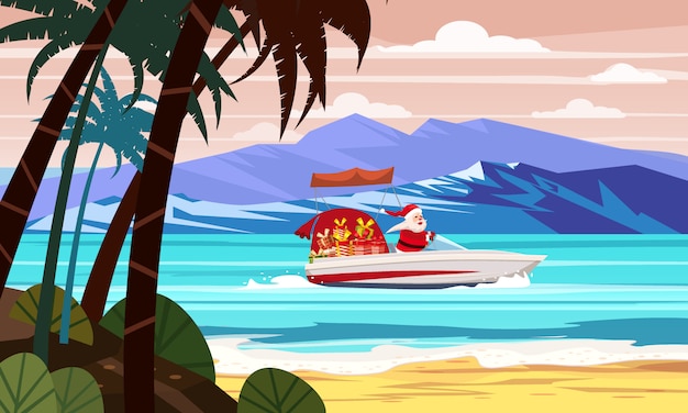 Vector merry christmas santa claus on speed boat on ocean sea tropical island palms mountains seaside