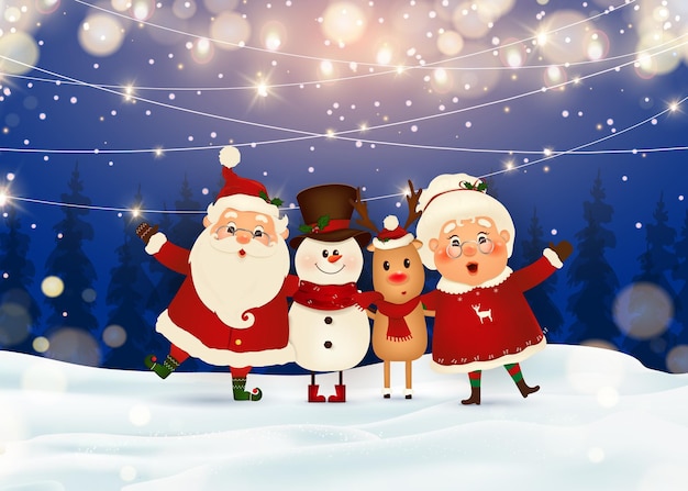 Merry christmas. santa claus with mrs. claus, reindeer, snowman  in christmas snow scene winter landscape.