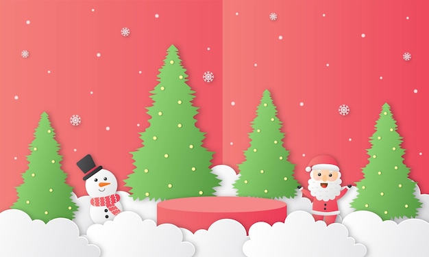 С рождеством санта клаус и снеговик с геометрической формой подиум рождественская тема вырезка из бумаги карта красный фон стенд презентация продукта с минимальным стилем