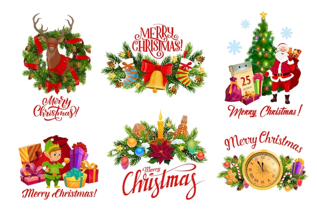 Merry Christmas Santa gifts and wreath decorations