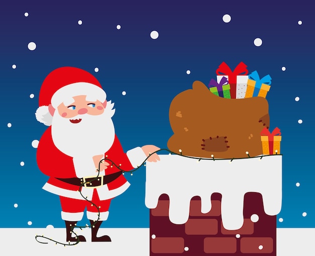 Vector merry christmas santa with lights and bag in the chimney illustration
