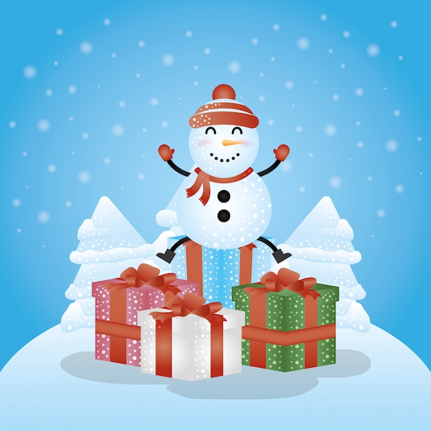 Merry christmas scene with gifts and snowman