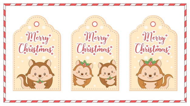 Merry christmas schattige eekhoorns met sneeuwvlok tekening tag kaarten