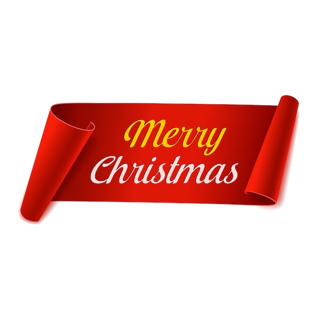 Vector merry christmas scroll paper banner. red paper ribbon on white background. realistic label.