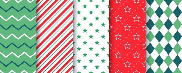 Vector merry christmas seamless backgrounds xmas holiday pattern red green prints set festive textures