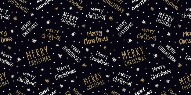 Vector merry christmas seamless pattern black background with handwritten lettering