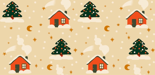 メリー クリスマスのシームレスなパターン。かわいい家とモミの木。ギフト用包装紙