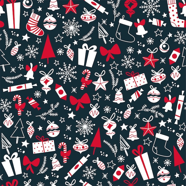 Merry christmas seamless pattern design with gifts, fir trees, toys, snowflakes. vector flat illustration. for cards, banners, prints, packaging, invitations.