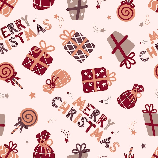 Merry christmas seamless pattern lettering scandinavian style lollipop gifts stars fabric wrapping