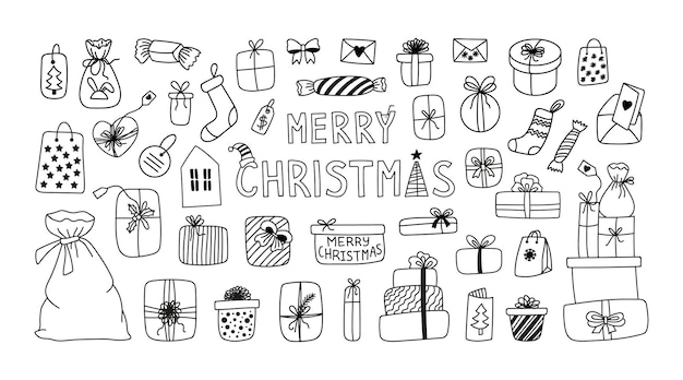 Merry Christmas set of cliparts with a gift box and packages Hand drawn vector doodles