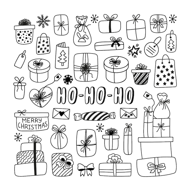 Merry Christmas set of cliparts with a gift box and packages Hand drawn vector doodles