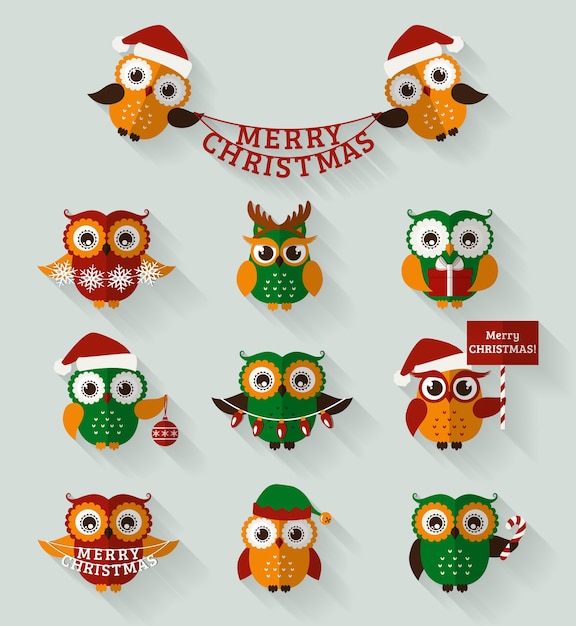 Vector merry christmas! set of cute flat owls for holiday design.